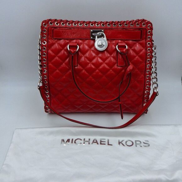 Michael Kors Hamilton Hippie Grommet North South Quilted Tote Red Silver Large - Picture 1 of 14